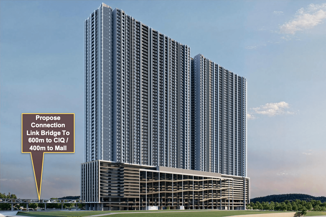 Causewayz Square high-rise design featuring Tower B Brixton and Tower D with proposed link bridge to CIQ.