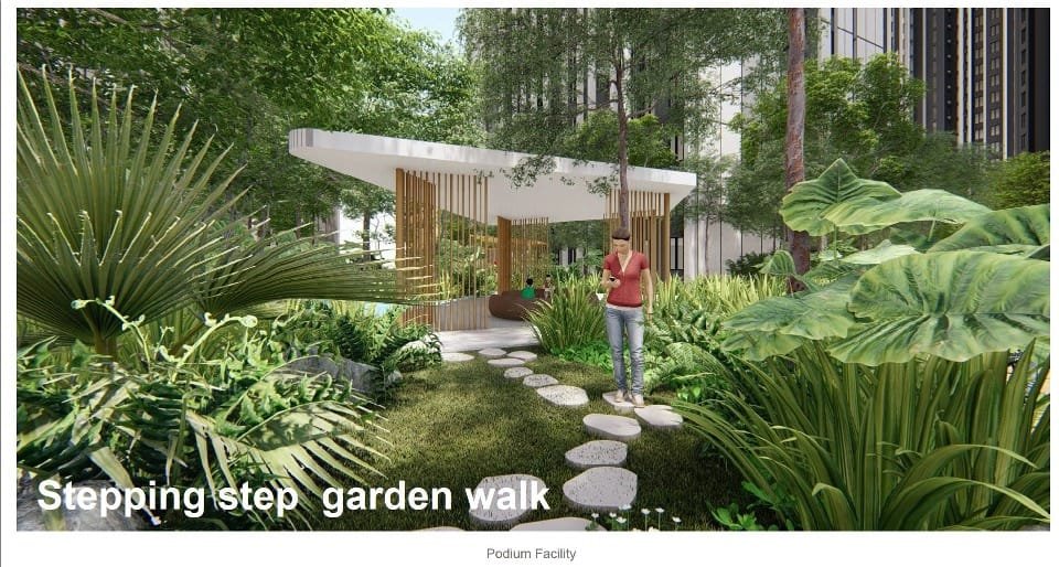 Podium facility at Causewayz Square – stepping stone garden walk surrounded by lush greenery