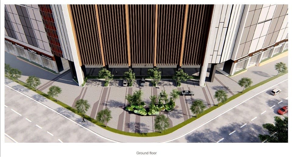 Aerial view of the ground floor drop-off and commercial frontage at Causewayz Square @ JBCC by EXSIM, showcasing modern architecture and pedestrian-friendly landscaping.