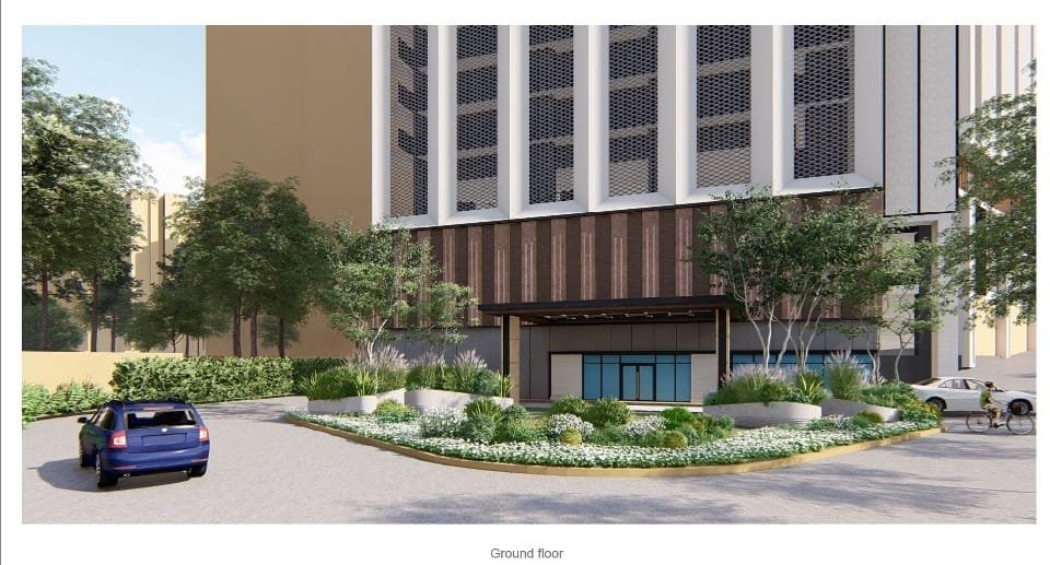 Drop-off entrance and green landscaping at the ground floor of Causewayz Square in JBCC