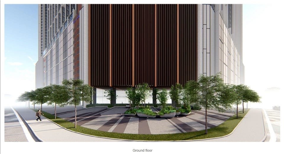 Ground floor podium area at Causewayz Square featuring urban landscape and shaded garden path