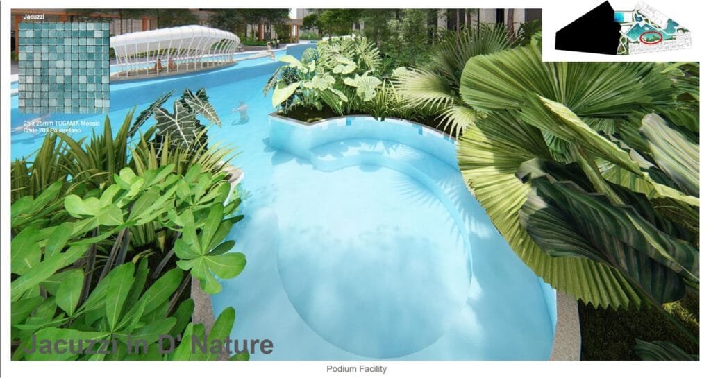Nature-themed Jacuzzi area surrounded by lush greenery at Causewayz Square @ JBCC, part of the D' Nature podium-level wellness facilities by EXSIM.