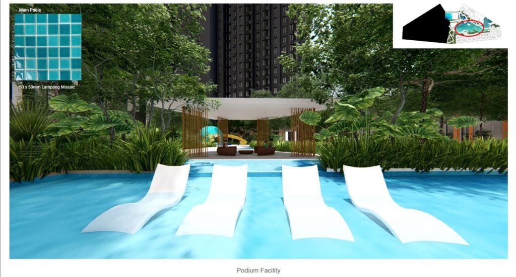Main pool at Causewayz Square @ JBCC featuring blue Lampang mosaic tiles, surrounded by greenery and designed for relaxing at the podium deck.