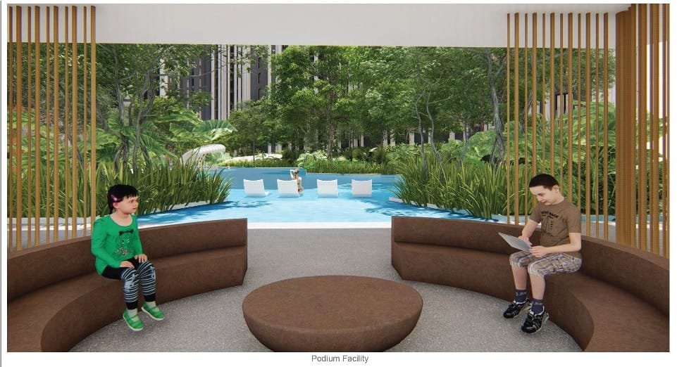 Covered relaxation pavilion facing the central landscape pool at Causewayz Square @ JBCC, offering tranquil lounging space within a green setting.