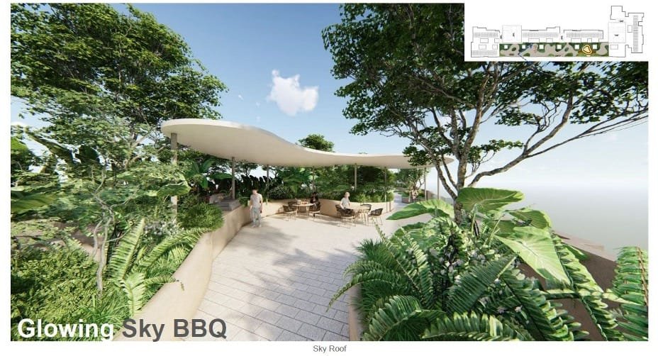 Sky Roof Glowing BBQ area at Causewayz Square @ JBCC, designed for elevated social gatherings with garden surroundings and city views.