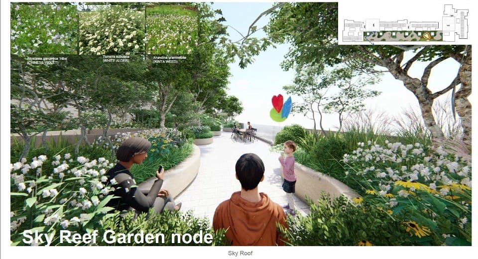 Sky Reef Garden at EXSIM CIQ’s Causewayz Square @ JBCC, featuring a mix of flowering plants, trees, and seating areas for nature-inspired relaxation.