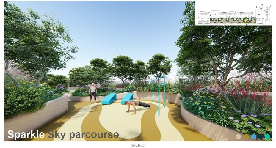 Sparkle Sky Parcours fitness zone on the rooftop of Causewayz Square @ JBCC, equipped with outdoor workout stations amid landscaped surroundings.