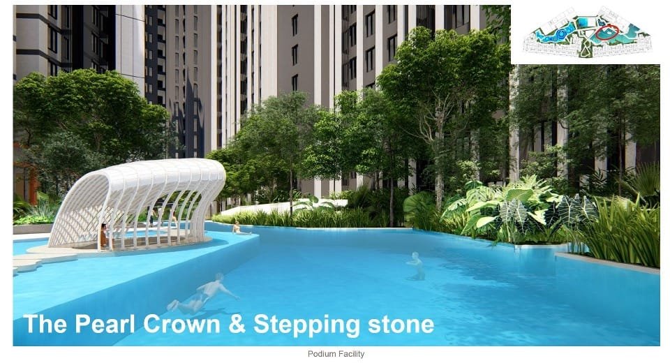 Podium-level ‘Pearl Crown’ and stepping stone water feature at Causewayz Square @ JBCC by EXSIM, blending playful design with nature-inspired elements.