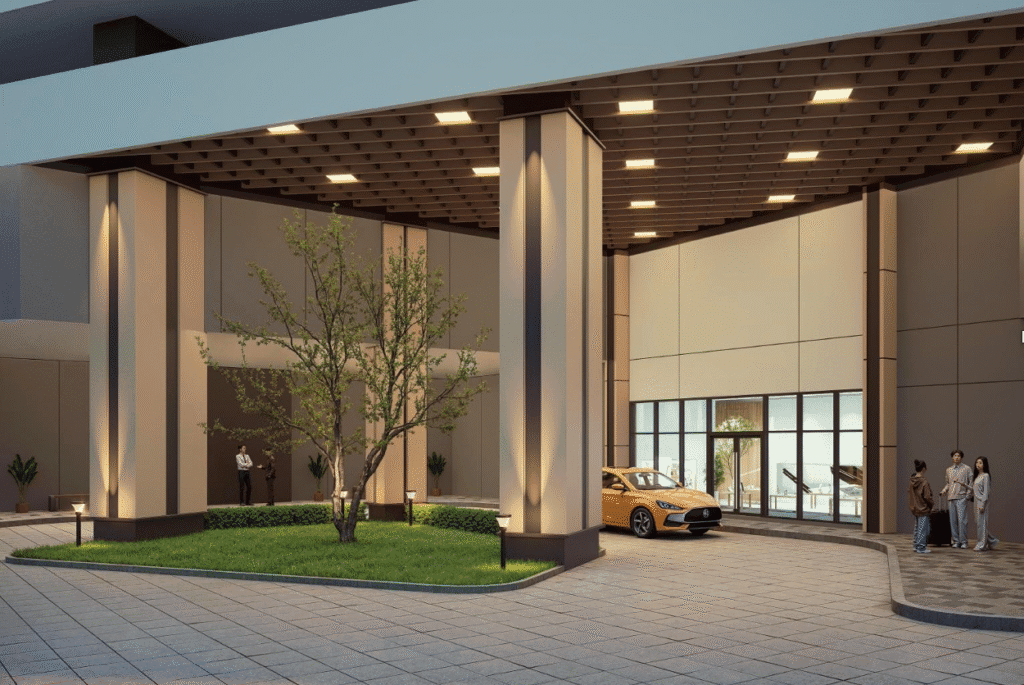 Evening view of Tower D2 lower ground drop-off area at Causewayz Square @ JBCC, an EXSIM freehold CIQ-linked development.