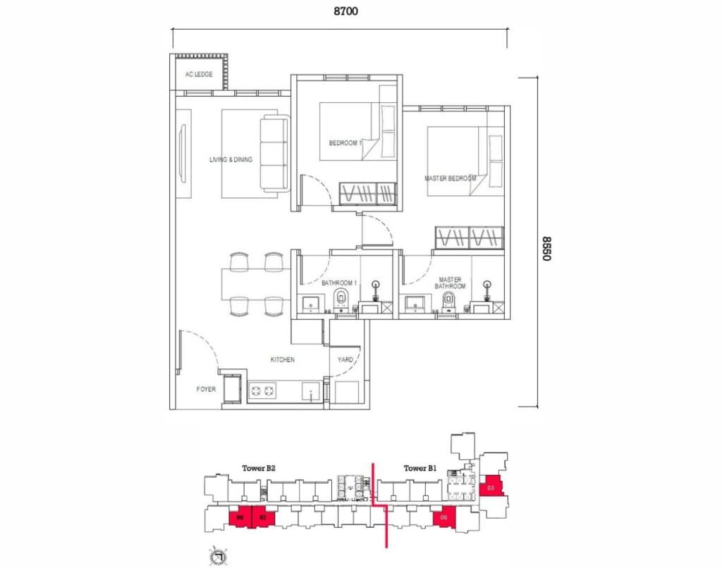 Type D 667 sq ft 2-bedroom layout in EXSIM’s Causewayz Square @ JBCC, offering practical space and efficient flow.