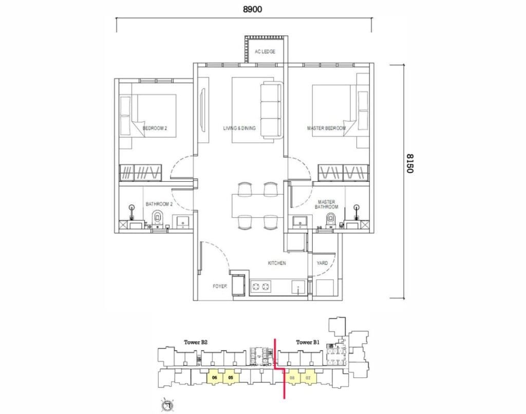 Alternative 2-bedroom layout Type D2 (667 sq ft) at Causewayz Square @ JBCC, featuring EXSIM’s space-maximizing design.
