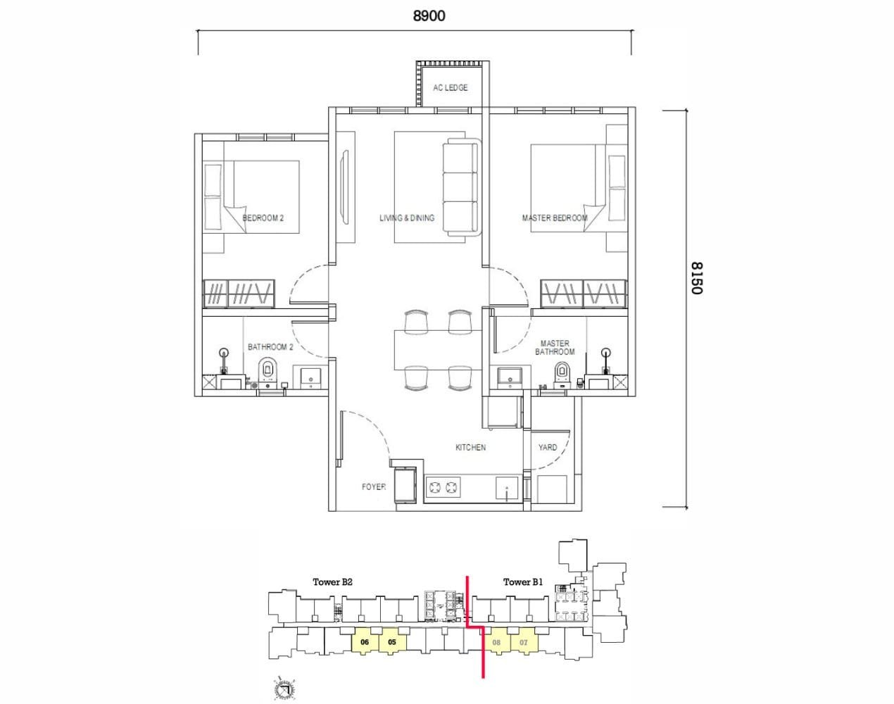 Alternative 2-bedroom layout Type D2 (667 sq ft) at Causewayz Square @ JBCC, featuring EXSIM’s space-maximizing design.