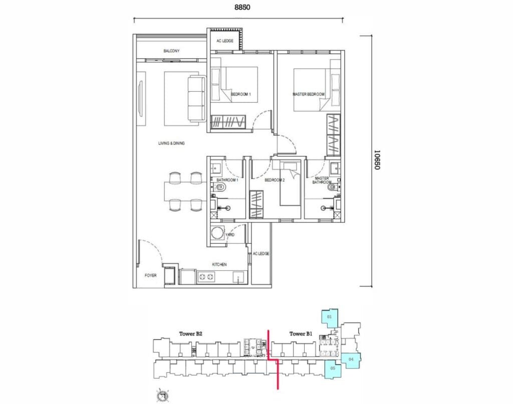 Type E1 layout (850 sq ft) at EXSIM’s Causewayz Square @ JBCC, featuring 3 bedrooms and with balcony for functional, family-oriented living.