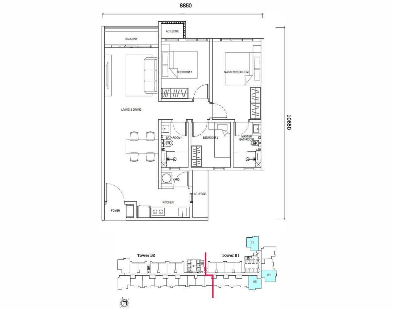 Type E1 layout (850 sq ft) at EXSIM’s Causewayz Square @ JBCC, featuring 3 bedrooms and with balcony for functional, family-oriented living.