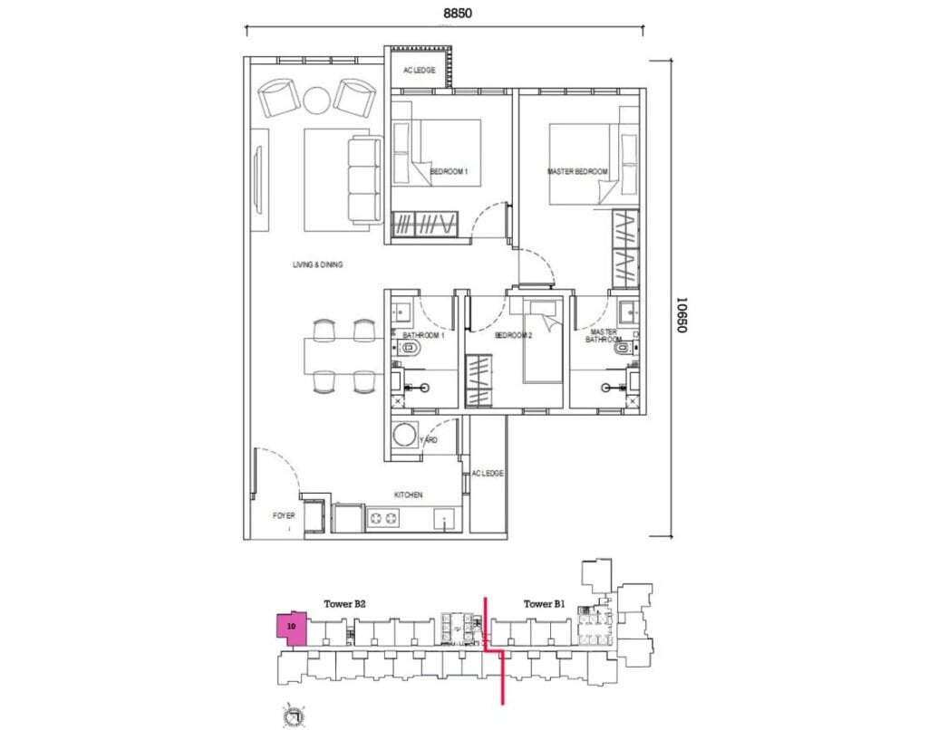 Type E2 floor plan in Causewayz Square @ JBCC by EXSIM, offering 3 bedrooms within 850 sq ft and without balcony, designed with a cozy indoor balcony lounge space.