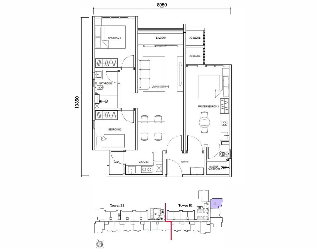 Type F1 dual key layout with balcony unit at EXSIM’s Causewayz Square @ JBCC – an 850 sq ft unit designed for multi-tenant flexibility, ideal for own stay and rental income.